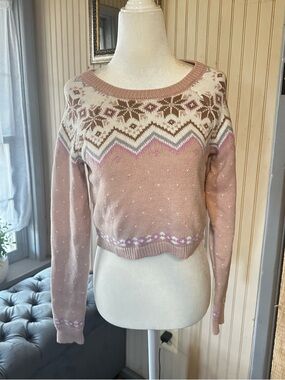 Aeropostale Sweater Womens XS Pink Fair Isle Crop Knit Y2K Cottagecore